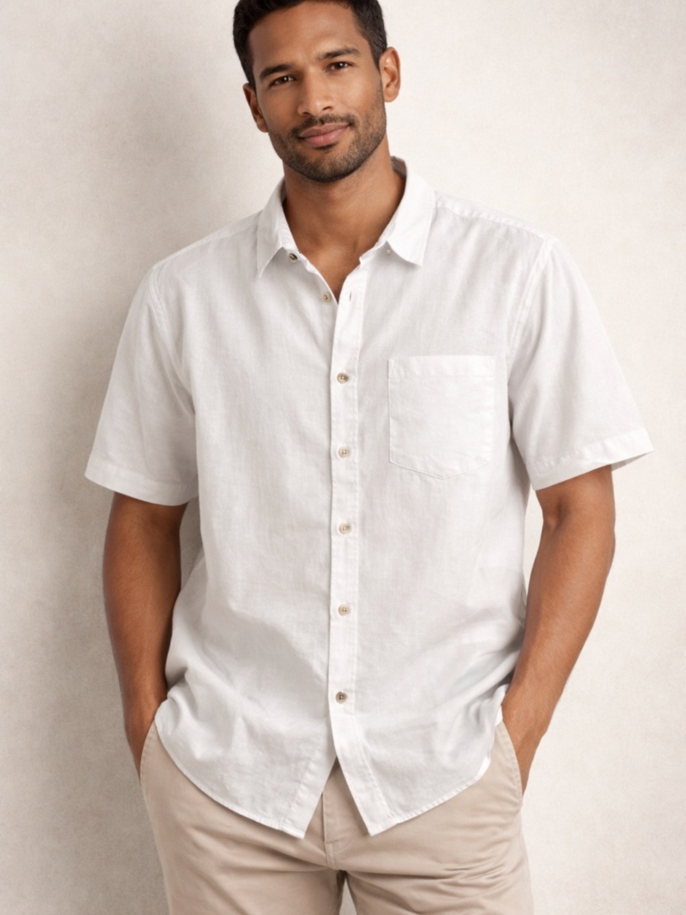 Sun + Stone White Short-Sleeve Button-Down Linen Shirt